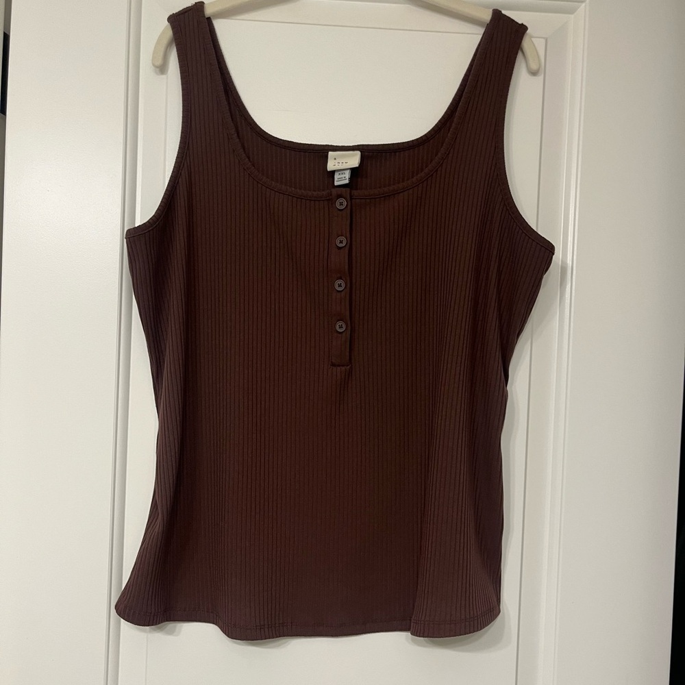 A New Day Ribbed Henley Tank Top Brown XXL Women’s Sleeveless Scoop Neck